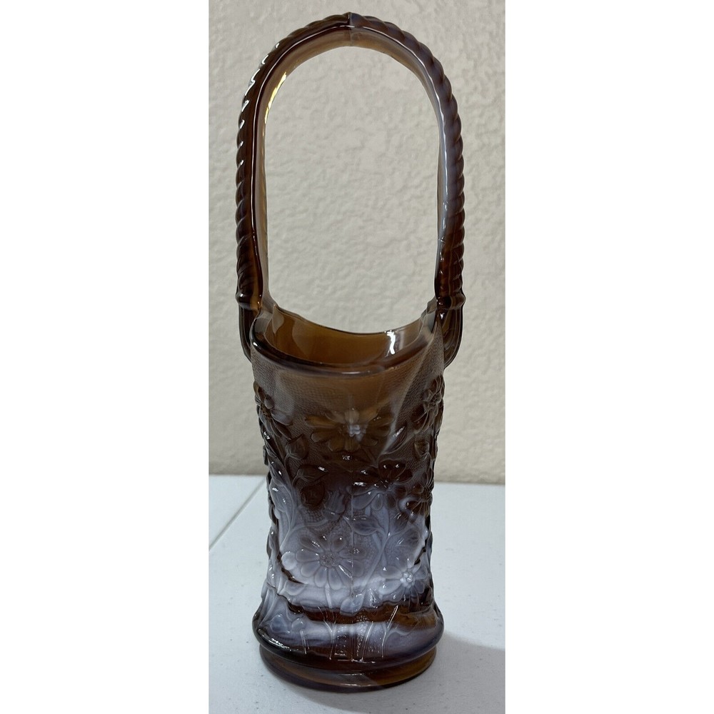 Vintage Imperial Dark Caramel Root Beer Slag Glass Tall Daisy Basket 10 In Tall - Picture 2 of 16